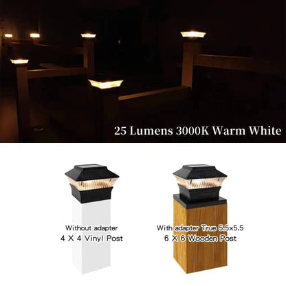 ONLSITY 25 Lumen Solar Post Cap Lights fit True 4"x4" & 5.5"x5.5" Post, High Brightness Filament LED, 3000K Warm White, Solar Powered Fence Deck Post Cap Lamp, Waterproof, Black, 4 PK