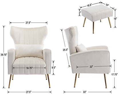 DM Furniture Accent Chair with Ottoman Velvet Modern Wingback Club Chair Upholstered Reading Armchair with Gold Metal Legs for Living Room/Bedroom, Cream