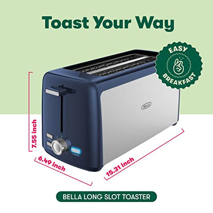 BELLA 4 Slice Toaster, Long Slot & Removable Crumb Tray, 7 Shading Options with Auto Shut Off, Cancel & Reheat Button, Toast Bread & Bagel, Stainless Steel & Blue