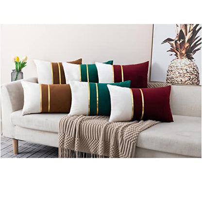 ZLINA Set of 2 Velvet Decorative Throw Pillow Covers Coffee Brown White Patchwork with Gold Leather Pillow Covers 24 × 24 Inch Cushion Covers Decor Living Room Sofa Bedroom Car