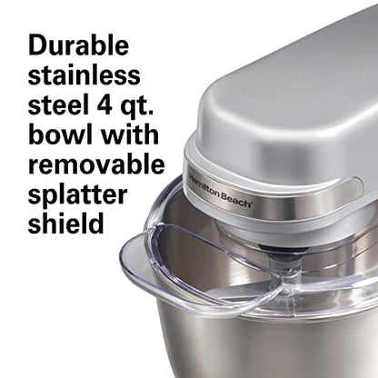 Hamilton Beach Electric Stand Mixer, 4 Quarts, Dough Hook, Flat Beater Attachments, Splash Guard 7 Speeds with Whisk, Silver