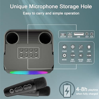 TodHeei Karaoke Machine, Portable Karaoke System for Kids Adults Bluetooth Karaoke Speaker with 2 Wireless Mics and Colorful Lights, Ideal Gifts for Girls Boys Party