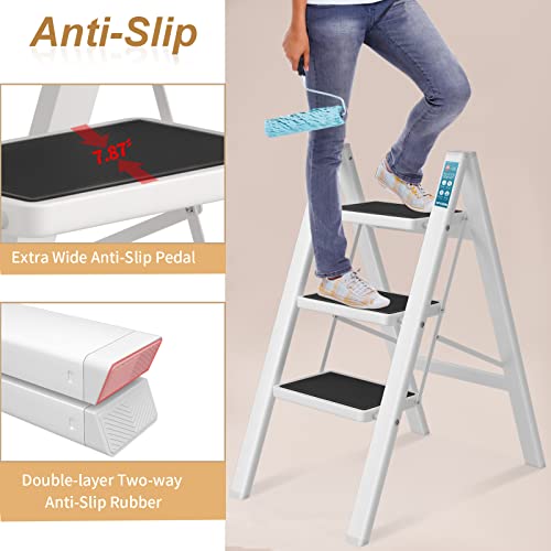 3 Step Ladder, SPIEEK Folding Step Stool with Wide Anti-Slip Thickened Pedal, Foldable Ladder 330 Lbs Capacity, Kitchen Step Stool for Adults, Lightweight Folding Ladder, White
