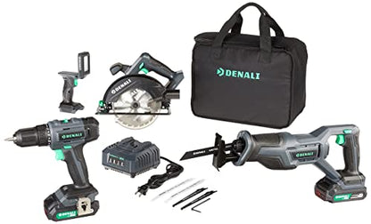 Amazon Brand - Denali by SKIL 20V Cordless Drill, Reciprocating Saw, Circular Saw, and Work Light with (2) 2.0Ah Lithium Batteries, 2.4A Charger, and Carry Bag