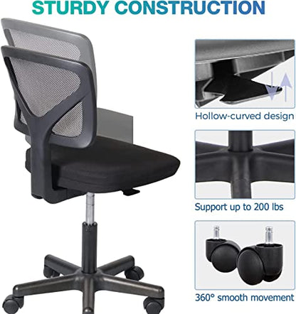 Ergonomic Home Office Desk Chair, Adjustable Armless Computer Chair with Lumbar Support, Small Mesh Task Chair with Backrest Swivel Rolling for Study, Office, Conference Room Black