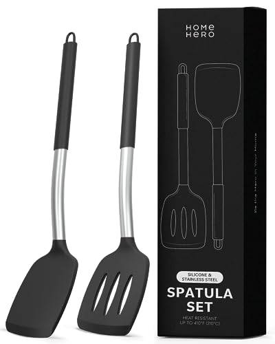 Home Hero 2 Pcs Kitchen Utensils Set - Heat Resistant Stainless Steel & Silicone Spatula - Spatula Set for Nonstick Cookware - Slotted & Solid Spatula Set for Kitchen Use - (2Pcs - Black)