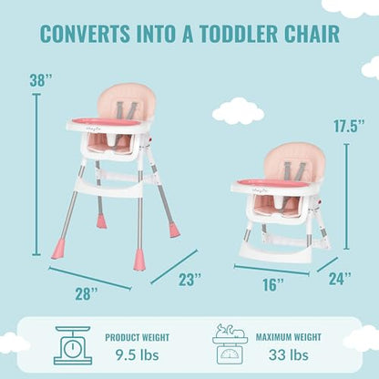 Dream On Me Portable 2-in-1 Tabletalk High Chair, Convertible Compact Light Weight Highchair, Pink