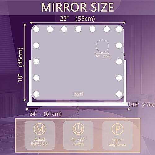 Hasipu Vanity Mirror with Lights, 22" x 18" Hollywood Lighted Makeup Mirror with 15 Dimmable Bulbs, 10X Magnification and USB Charging Port, Smart Touch 3 Colors Dimmable, 360° Rotation (Round)