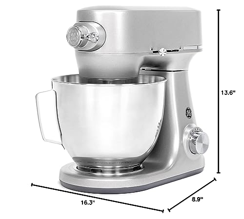 GE Tilt-Head Electric Stand Mixer | 7-Speed, 350-Watt Motor | Includes 5.3-Quart Bowl, Flat Beater, Dough Hook, Wire Whisk & Pouring Shield | Countertop Kitchen Essentials | Granite Gray