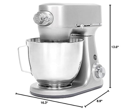 GE Tilt-Head Electric Stand Mixer | 7-Speed, 350-Watt Motor | Includes 5.3-Quart Bowl, Flat Beater, Dough Hook, Wire Whisk & Pouring Shield | Countertop Kitchen Essentials | Granite Gray