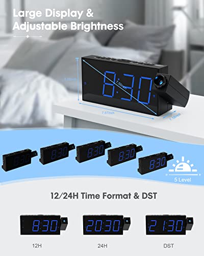 Digital Projection Alarm Clocks for Bedrooms - Large LED Display, 180° Rotatable Projector, 5-Level Dimmer,USB Charger,Battery Backup,Loud Dual Alarms for Kids Elderly,Heavy Sleepers,Snooze,12/24H,DST