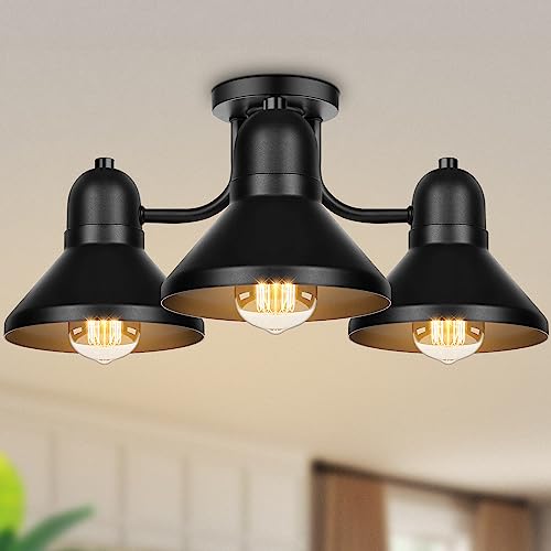 Farmhouse Semi Flush Mount Ceiling Light Fixture, Matte Black Metal Kitchen Light Fixture, 3-Light Industrial Ceiling Lamp, E26 Rustic Chandelier for Living Room Bedroom Dining Room Entryway Hallway