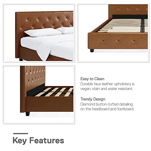 DHP Dakota Upholstered Platform Bed with Diamond Button Tufted Headboard and Footboard, No Box Spring Needed, Queen, Camel Faux Leather