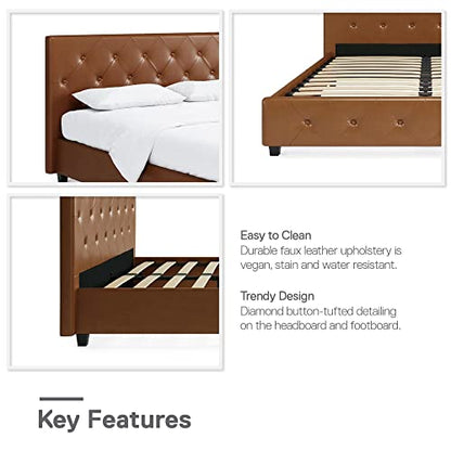 DHP Dakota Upholstered Platform Bed with Diamond Button Tufted Headboard and Footboard, No Box Spring Needed, Queen, Camel Faux Leather