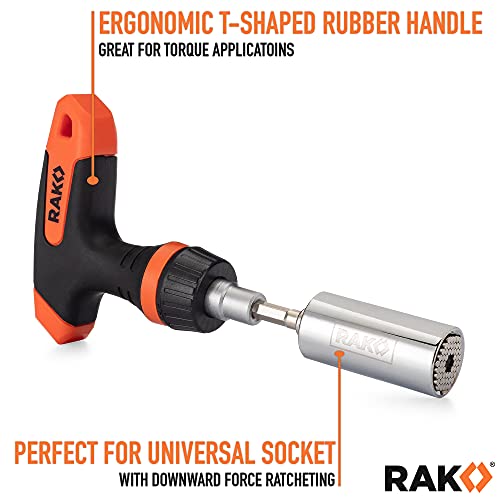 RAK Universal Socket Tool - Christmas Gifts for Men - Set of 15 with 1/4-to-3/4-inch Wrench Grip, T-Handle Ratchet Driver and 10 Screwdriver Bits - Stocking Stuffer Gifts for men, Husband, Handyman