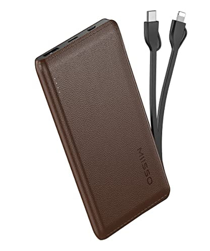 10000mAh Built in Cables Power Bank, 10000 Built in TYPE C Cords External Portable Battery Charger for Cell Phone,Type C (Input & Output) Battery Pack Compatible with iPhone and Samsung, Deep Brown