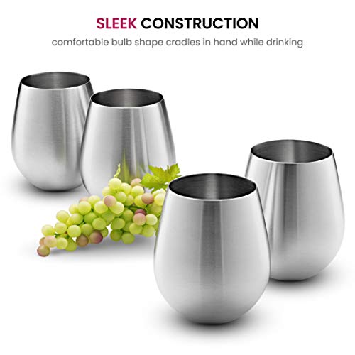 Stainless Steel Unbreakable Wine Glasses - 18 Ounce Set of 4 Wineglasses. Premium-Grade 18/8 Stainless Steel Red & White Stemless Wineglasses set, Portable Wine Tumbler, for Outdoor Events, Picnics