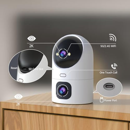 JOOAN Dual Lens 5G Security Camera, 2Kx2 Wireless WiFi Indoor Camera with 360° PTZ, Plug in Home Pet Camera for Baby, Motion Detection, One Touch Call, Dual-Screen Display, 2 Way Talk, Work with Alexa