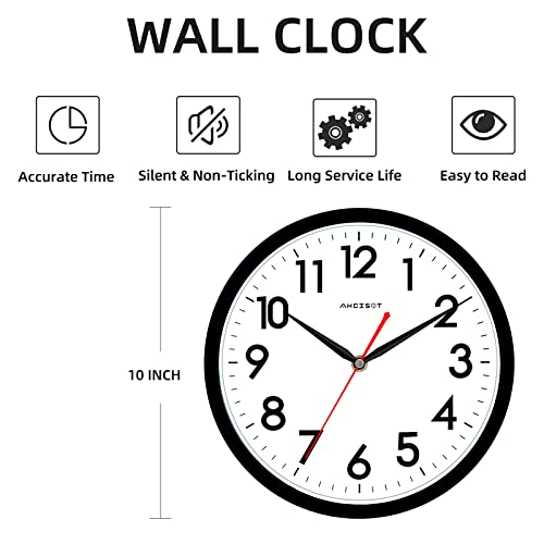 AKCISOT Wall Clock Silent Non Ticking Modern Wall Clocks Battery Operated 10 Inch, Analog Small Classic Clock Decorative for Bedroom, Kitchen, Home Office, Bathroom, School, Living Room (Black)