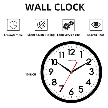 AKCISOT Wall Clock Silent Non Ticking Modern Wall Clocks Battery Operated 10 Inch, Analog Small Classic Clock Decorative for Bedroom, Kitchen, Home Office, Bathroom, School, Living Room (Black)