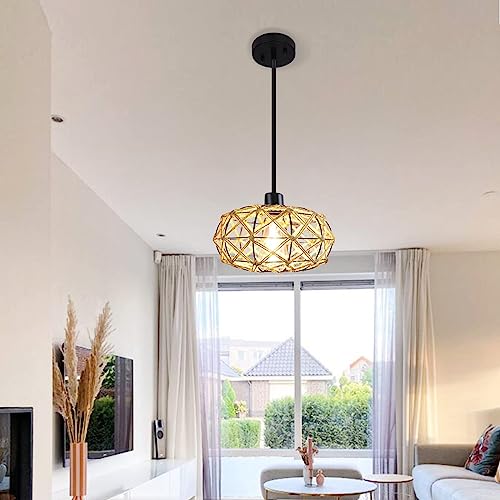 uznhty Rattan Pendant Lights Kitchen Island Woven Boho Chandelier Farmhouse Hanging Lighting Hemp Rope Adjustable Semi Flush Mount Ceiling Light Rattan Light Fixture for Dinning Room Bedroom Hallway