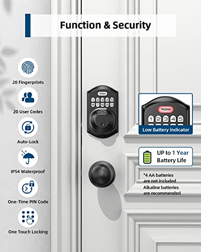 TEEHO TE002K Fingerprint Door Lock Set - Keyless Entry Door Lock with Handle - Door Knob with Keypad Deadbolt - Smart Locks for Front Door - Auto Lock - No Need App - Easy Installation - Matte Black