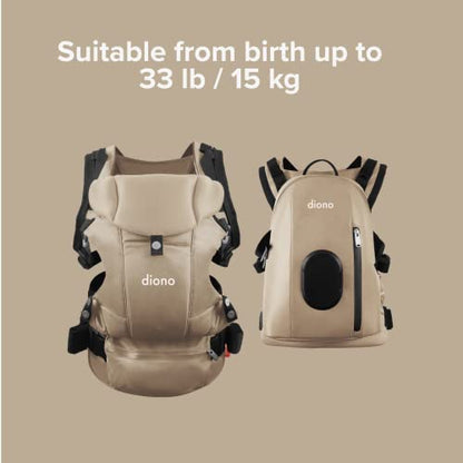 Diono Carus Complete 4-in-1 Baby Carrier with Detachable Backpack, Front Carry & Back Carry, Newborn to Toddler up to 33 lb / 15 kg, Sand