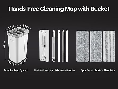 JOYMOOP Mop and Bucket with Wringer Set, Hands Free Flat Floor Mop and Bucket, with 3 Washable Microfiber Pads, Wet and Dry Use, Floor Cleaning System