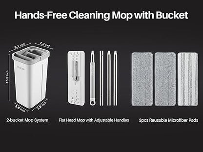 JOYMOOP Mop and Bucket with Wringer Set, Hands Free Flat Floor Mop and Bucket, with 3 Washable Microfiber Pads, Wet and Dry Use, Floor Cleaning System
