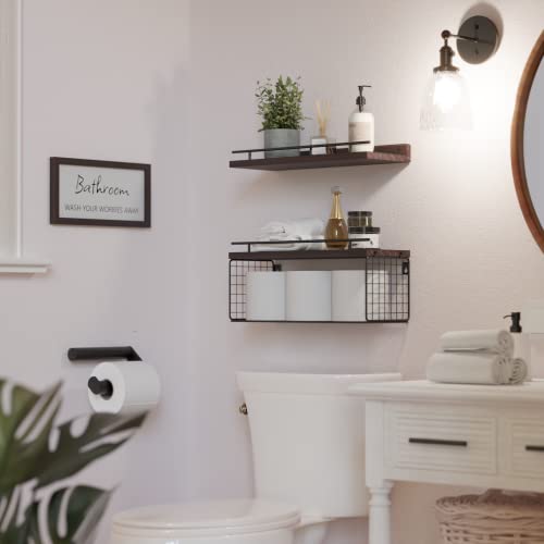 WOPITUES Floating Shelves with Bathroom Wall Décor Sign, Wood Floating Bathroom Shelves over Toilet with Toilet Paper Storage Basket Set of 3, Floating Shelf with Guardrail for Wall Décor–Rustic Brown