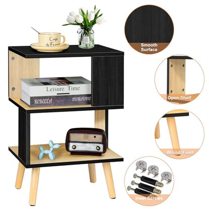 MOOACE Minimalist 3-Tier Wood Side Table for Small Spaces with Open Storage - Small Black End Table for Living Room - Modern Black Nightstand Bedside Table for Bedroom