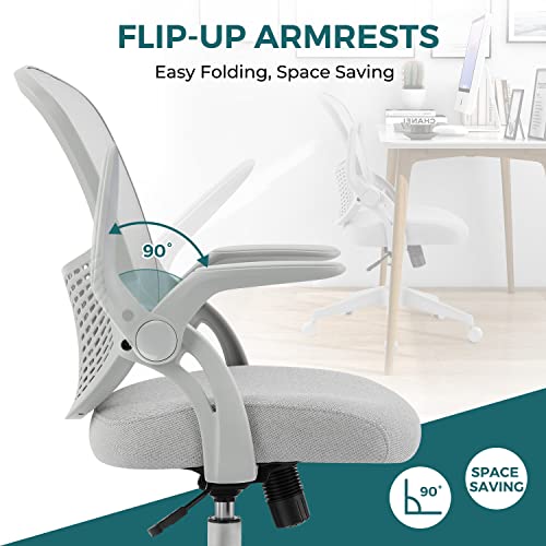 SMUG Home Office Ergonomic Desk Mesh Computer Modern Height Adjustable Swivel Chair with Lumbar Support/Flip-up Arms, Grey, 17" D x 19.5" W x 36" H