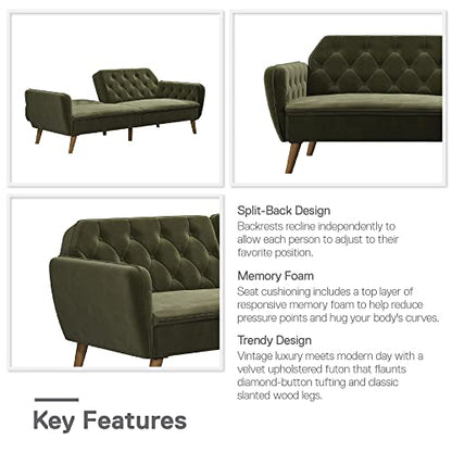 Novogratz Tallulah Memory Foam Futon, Convertible Couch, Green Velvet