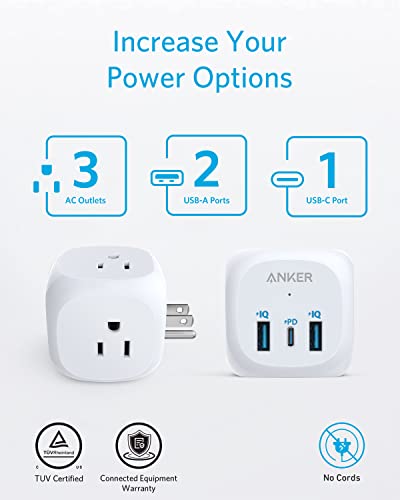 Anker USB C Outlet Extender, 321 Outlet Extender With 3 Outlets and 20W USB C Charging for iPhone 14/13, Power Delivery Charging for School,Dorm,Rooms, Home,Office, Cruise Travel Esstential,TUV Listed