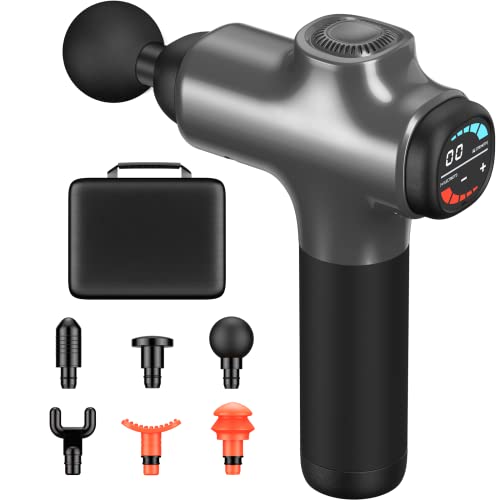 ZonGym Massage Gun Deep Tissue, Percussive Muscle Massager, 30 Speeds Quiet Brushless Motor Handheld Massager for Muscle Neck Back Shoulder, LCD Touch Screen, 6 Heads and Carrying Case (Bright Gray)