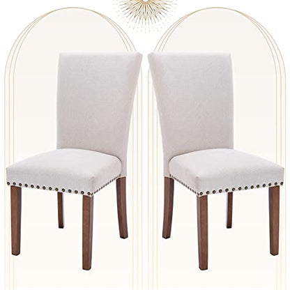COLAMY Upholstered Parsons Dining Chairs Set of 2, Fabric Dining Room Kitchen Side Chair with Nailhead Trim and Wood Legs - Beige