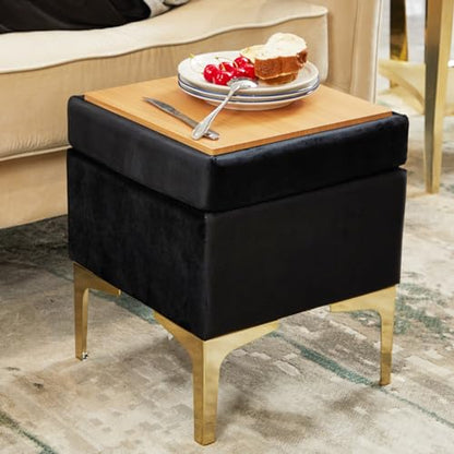 HOUCHICS SquareStorage Ottoman,Soft Footstool with Metal Legs,Black Ottoman Foot Rest for Living Room,Bed Room