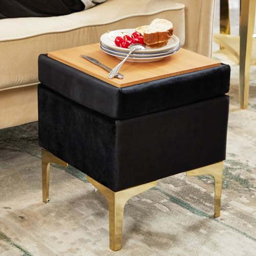 HOUCHICS SquareStorage Ottoman,Soft Footstool with Metal Legs,Black Ottoman Foot Rest for Living Room,Bed Room