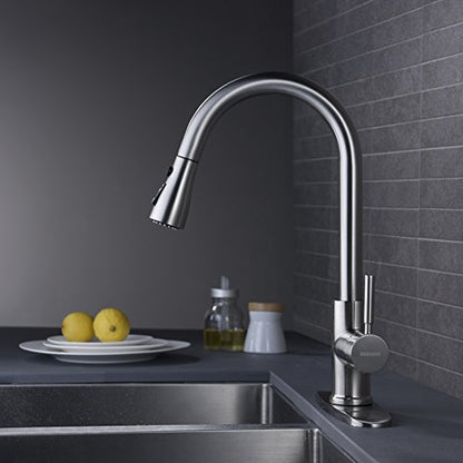 WEWE Single Handle High Arc Brushed Nickel Pull Out Kitchen Faucet,Single Level Stainless Steel Kitchen Sink Faucets with Pull Down Sprayer