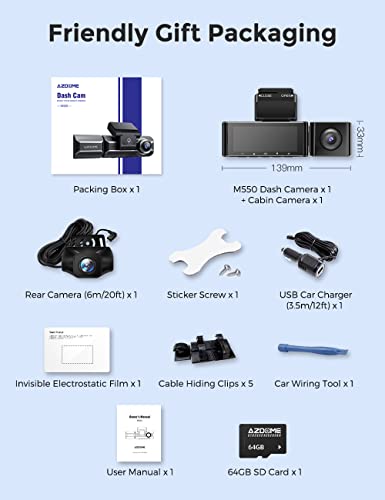 AZDOME M550 Dash Cam 3 Channel, Built in WiFi GPS, With 64GB Card, Front Inside Rear 1440P+1080P+1080P Car Dashboard Camera Recorder, 4K+1080P Dual, 3.19" IPS, IR Night Vision, Capacitor, Parking Mode