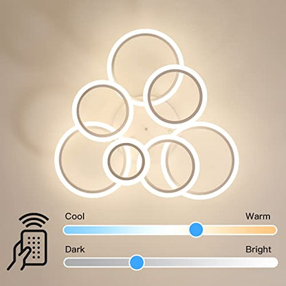 YEEZONE LED Ceiling Light, Modern Chandelier 7 Rings White Ceiling Light Fixture 34" 120W 10000LM Remote Control Dimmable 3000K-6500K for Living Room, Dining Room, Kitchen, Bedroom, Office