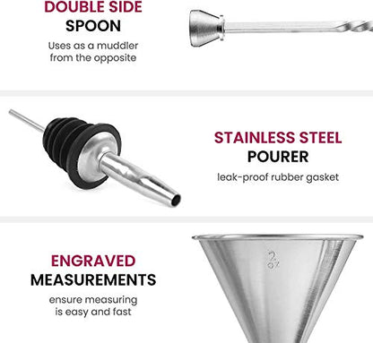 FineDine 14-Piece Cocktail Shaker Set Bartender Kit - Boston Shaker w/Strainer, Bar Jigger, Bar Spoon & More - Full Stainless Steel Cocktail Set w/Bar Tools - Drink Mixer Bar Set - Bar Accessories