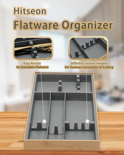 Hitseon Silverware Drawer Organizer, 4 Slots Silicone Natural Bamboo Utensil Organizer for Kitchen Drawer Countertop, Durable Sturdy Silverware Tray with Grooves for Kids Adults Flatware (Gray)