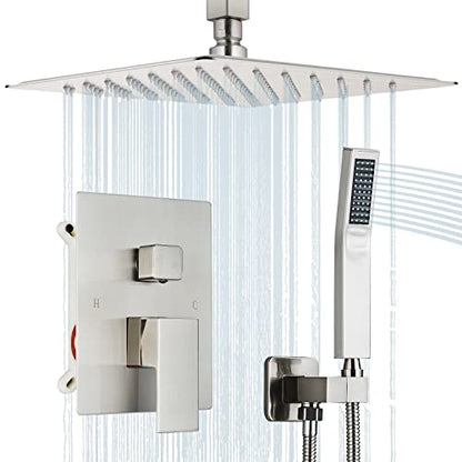 Saetow Brushed Nickel Shower System 12 Inch Shower Head with Hand Held Bathroom Luxury Rain Mixer Shower Combo Set Ceiling Mount,Shower Faucet Set with Valve and Trim