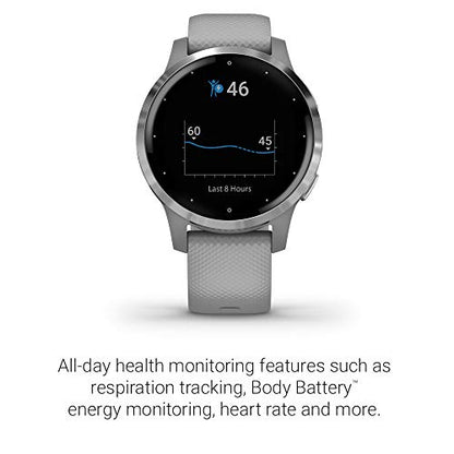 Garmin vivoactive 4S, Smaller-Sized GPS Smartwatch, Features Music, Body Energy Monitoring, Animated Workouts, Pulse Ox Sensors and More, Silver with Gray Band
