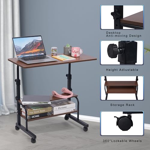 Adjustable Height Rolling Portable Desk with Wheels, Small Standing Desk Mobile 32 Inch Computer Desk for Small Space, Work Desk for Home Office with Storage Laptop Table Study Student Desk Brown