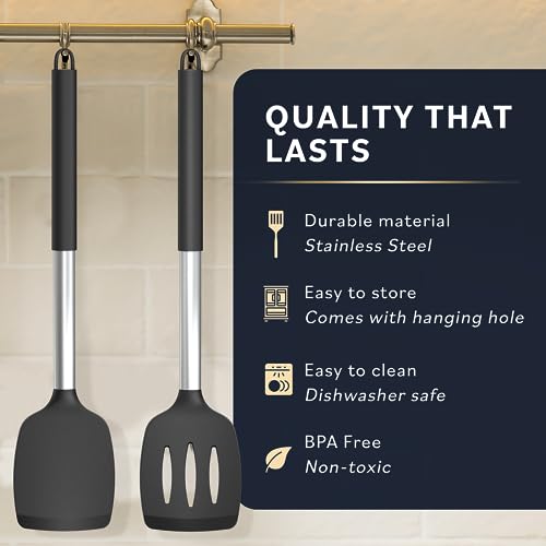 Home Hero 2 Pcs Kitchen Utensils Set - Heat Resistant Stainless Steel & Silicone Spatula - Spatula Set for Nonstick Cookware - Slotted & Solid Spatula Set for Kitchen Use - (2Pcs - Black)