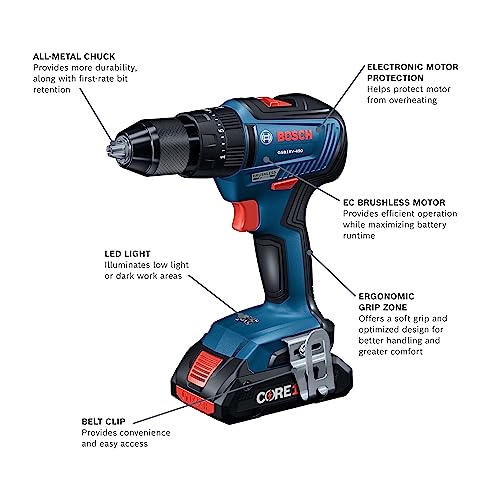 BOSCH GSB18V-490B12 18V EC Brushless 1/2 In. Hammer Drill/Driver Kit with (1) 2 Ah Standard Power Battery