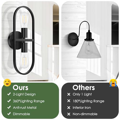 Industrial 2-Light Black Wall Sconces Set of 2, Up and Down Metal Wall Light Fixtures, Vintage Vanity Light Fixtures, Indoor Wall Sconces Lighting for Living Room Bedroom Hallway Bathroom, No E26 Bulb