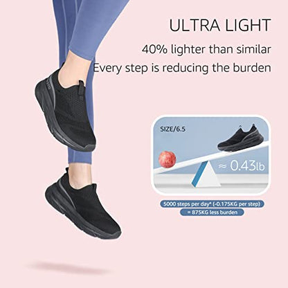 STQ Walking Shoes Women Mesh Slip on Sneakers Comfortable Work Shoes Non Slip Tennis Shoes with Arch Support All Black 7 US